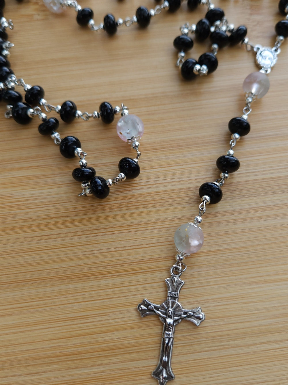 Black Bead Rosary Necklace with Silver Crucifix